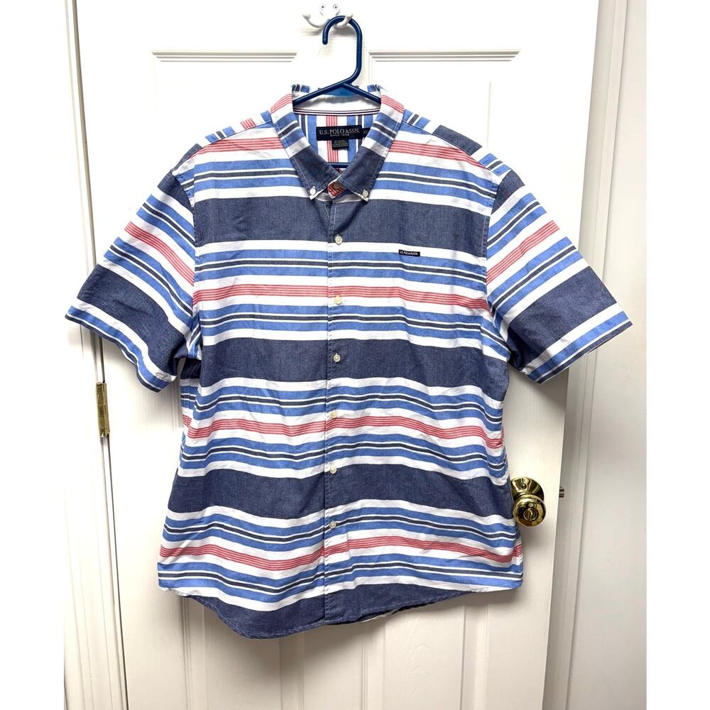 U.S. Polo Assn. Shirt Short Sleeve Button Down Red White Blue Stripe Men's XXL